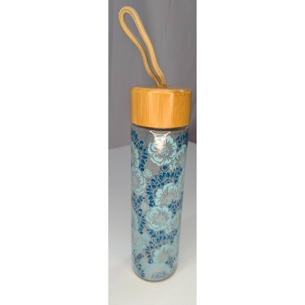 The Pioneer Woman Glass Water Bottle Teal Floral 20oz Bamboo Lid NWOT